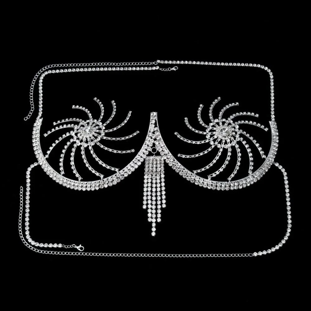 Rhinestone Chest Bracket Tassel Bra Chain Lingerie Crystal Bikini Body Jewelry - Picture 3 of 5